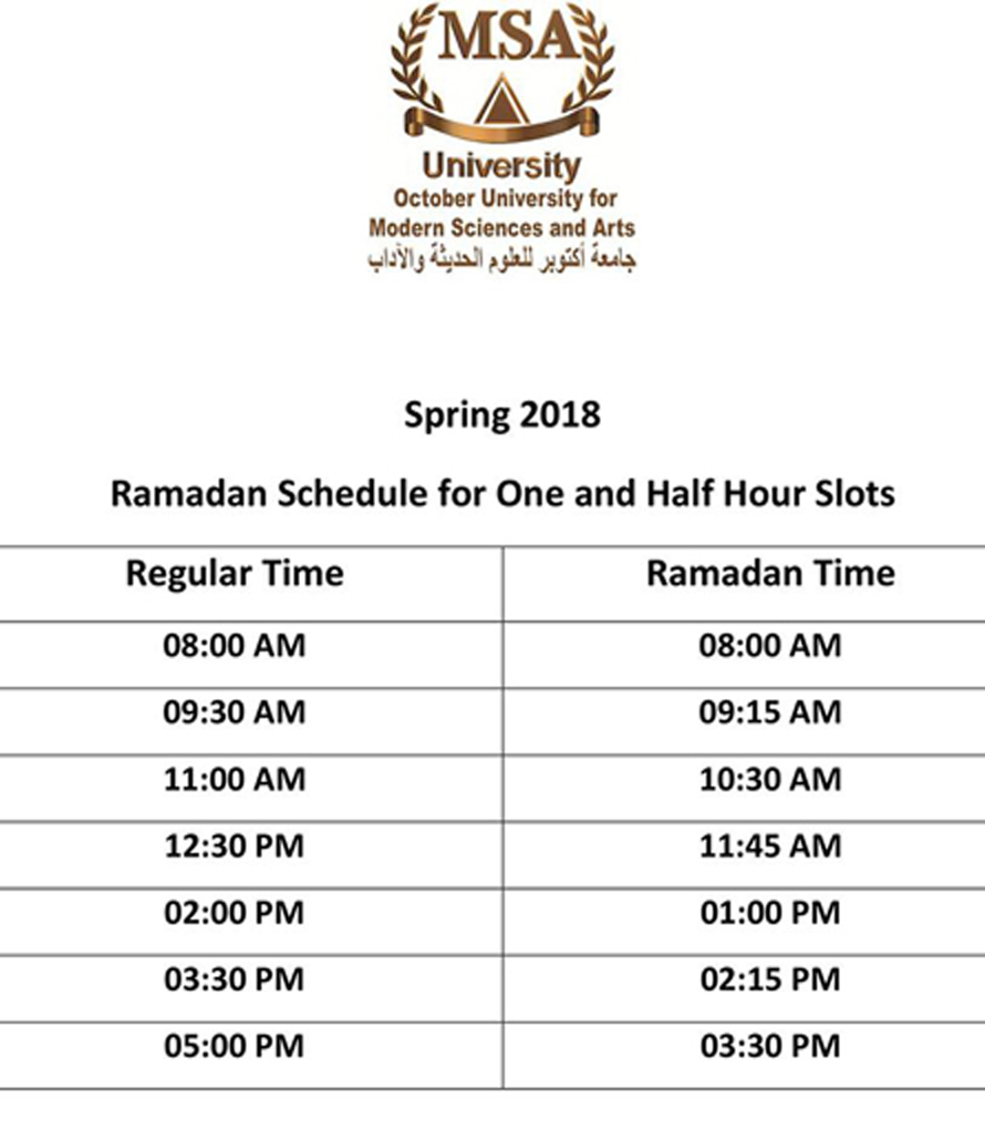 Ramadan schedule for one hour and half slots