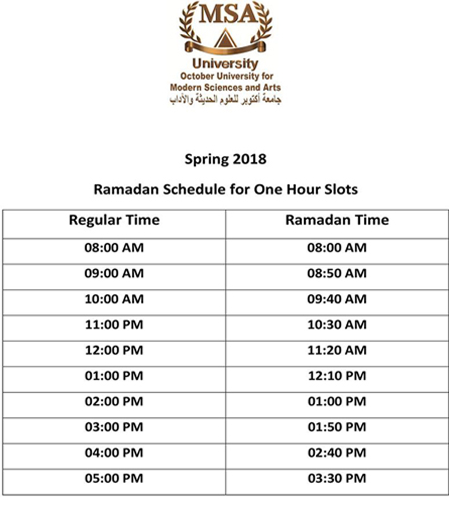 Ramadan schedule for one hour slots