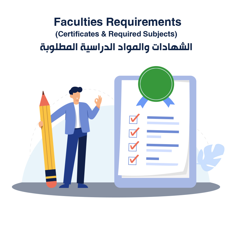 Faculties <strong>Requirements</strong><br />
	الشهادات والمواد الدراسية المطلوبة